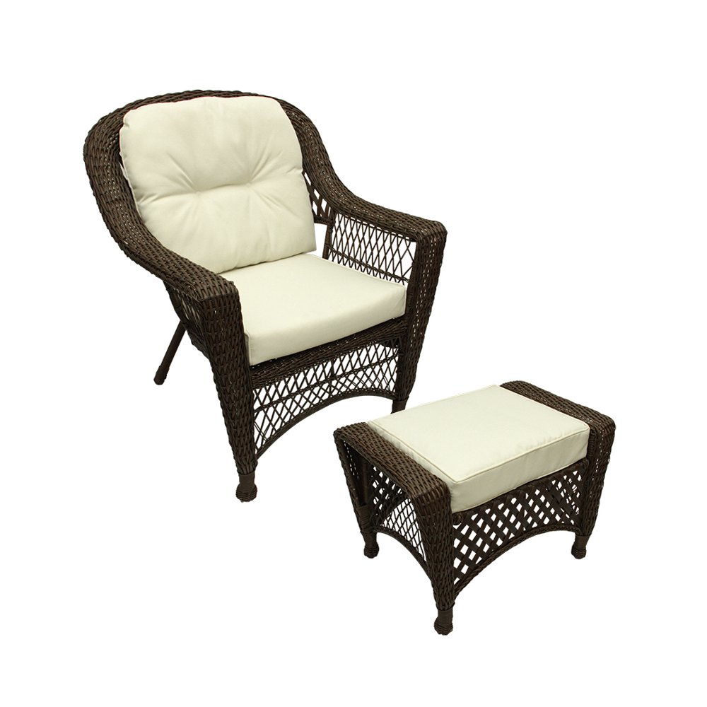 2 Piece Brown and Cream White Wicker Patio Chair and Ottoman Furniture ...