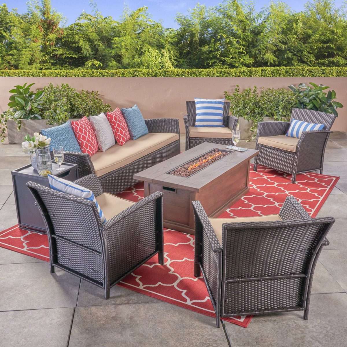 6pc Gray Outdoor Patio 8 Seater Chat Set with Fire Pit 67.5"