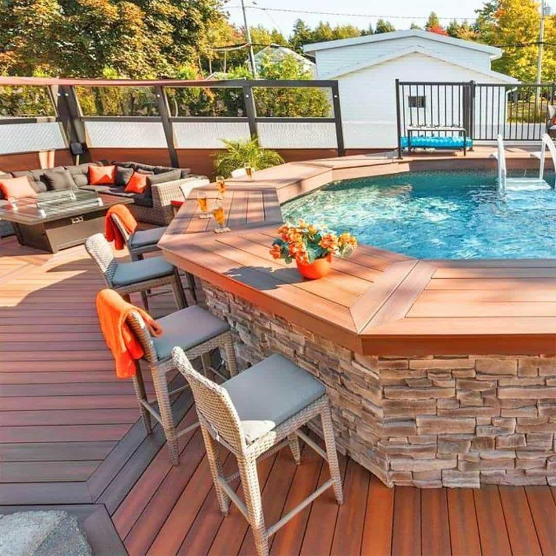 Above ground pool with wrap around bar