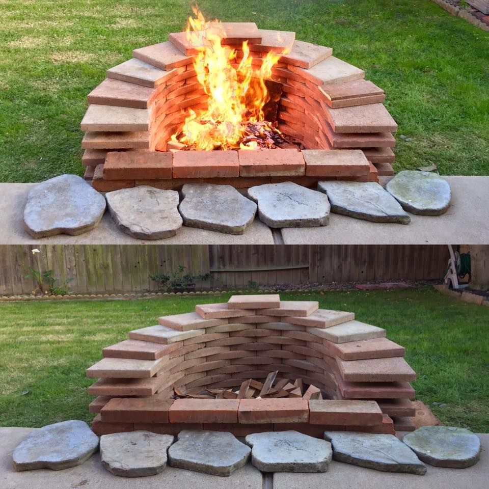 Backyard fire pit built with spare square bricks