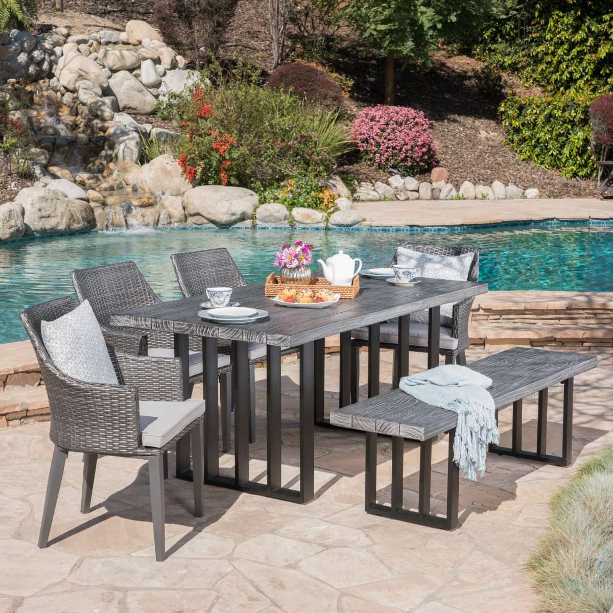 Beatrice Outdoor 6 Piece Wicker Dining Set with Weight Concrete Dining ...