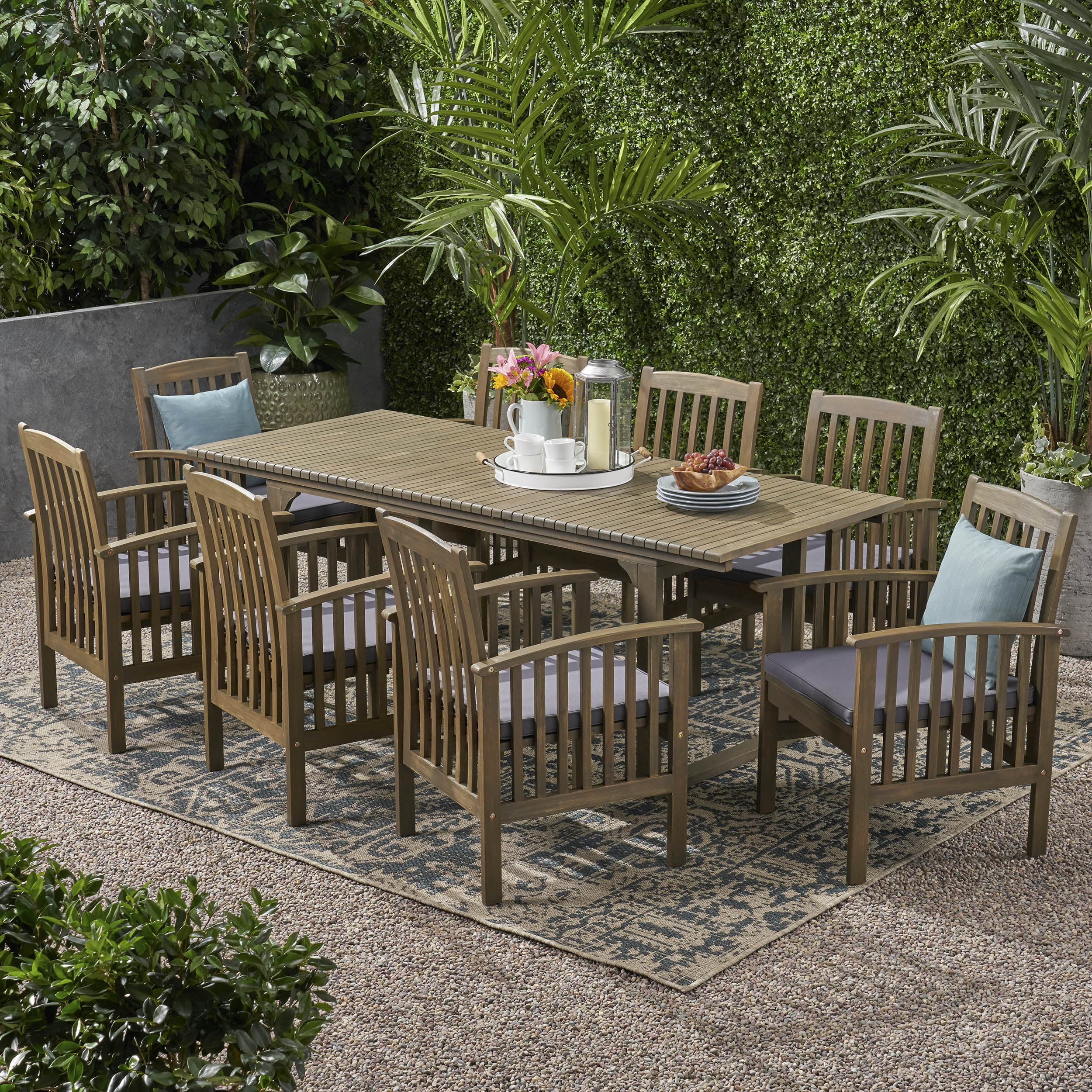 Christopher Outdoor 8 Seater Expandable Acacia Wood Dining Set, Gray ...