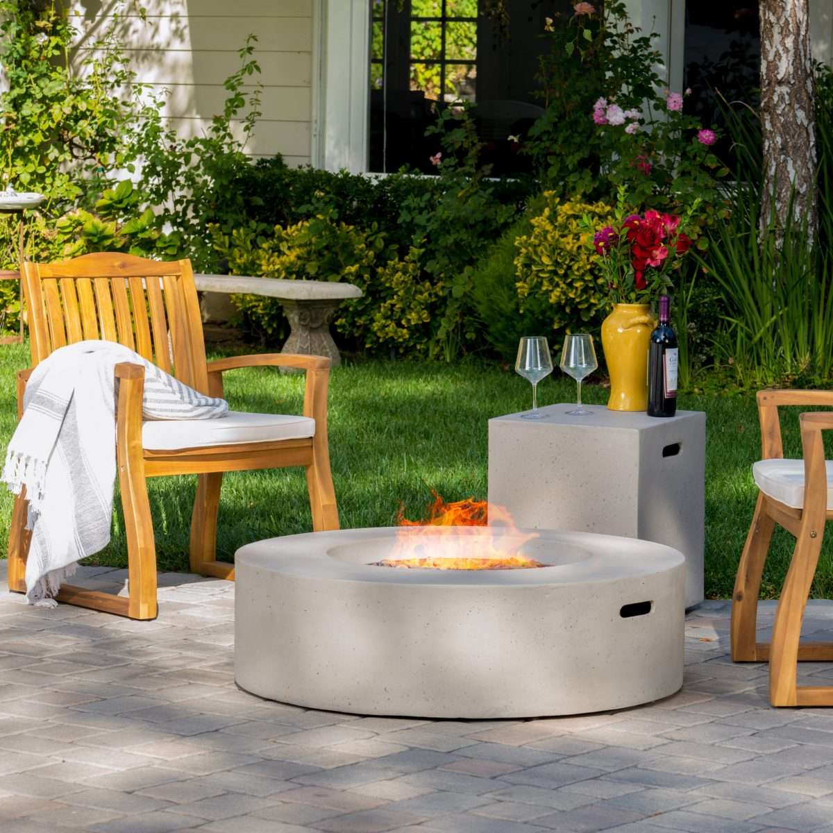 Circular 50K BTU Outdoor Gas Fire Pit Table with Tank Holder, Light ...