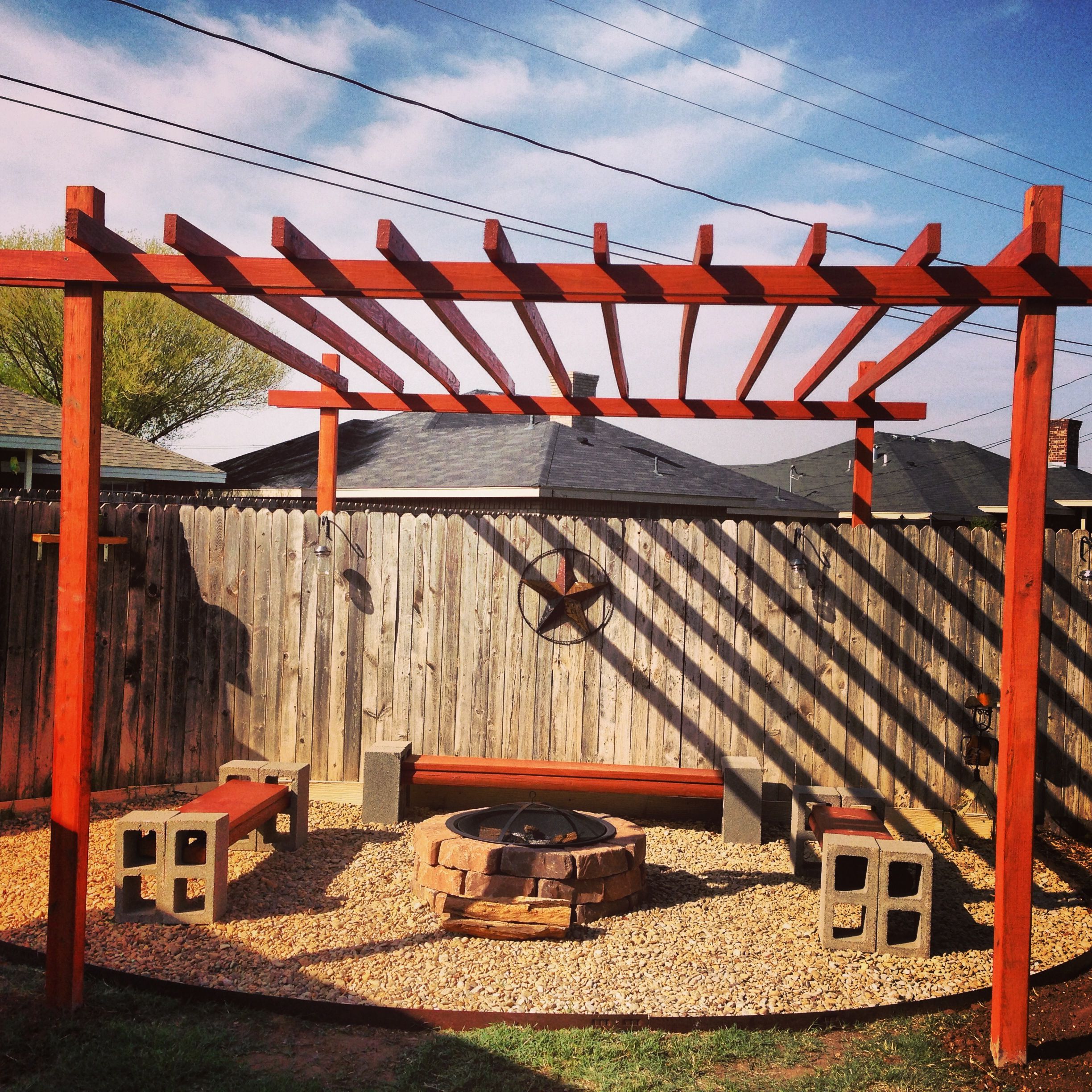 Cool idea to build a simple pergola over a small firepit + sitting area ...