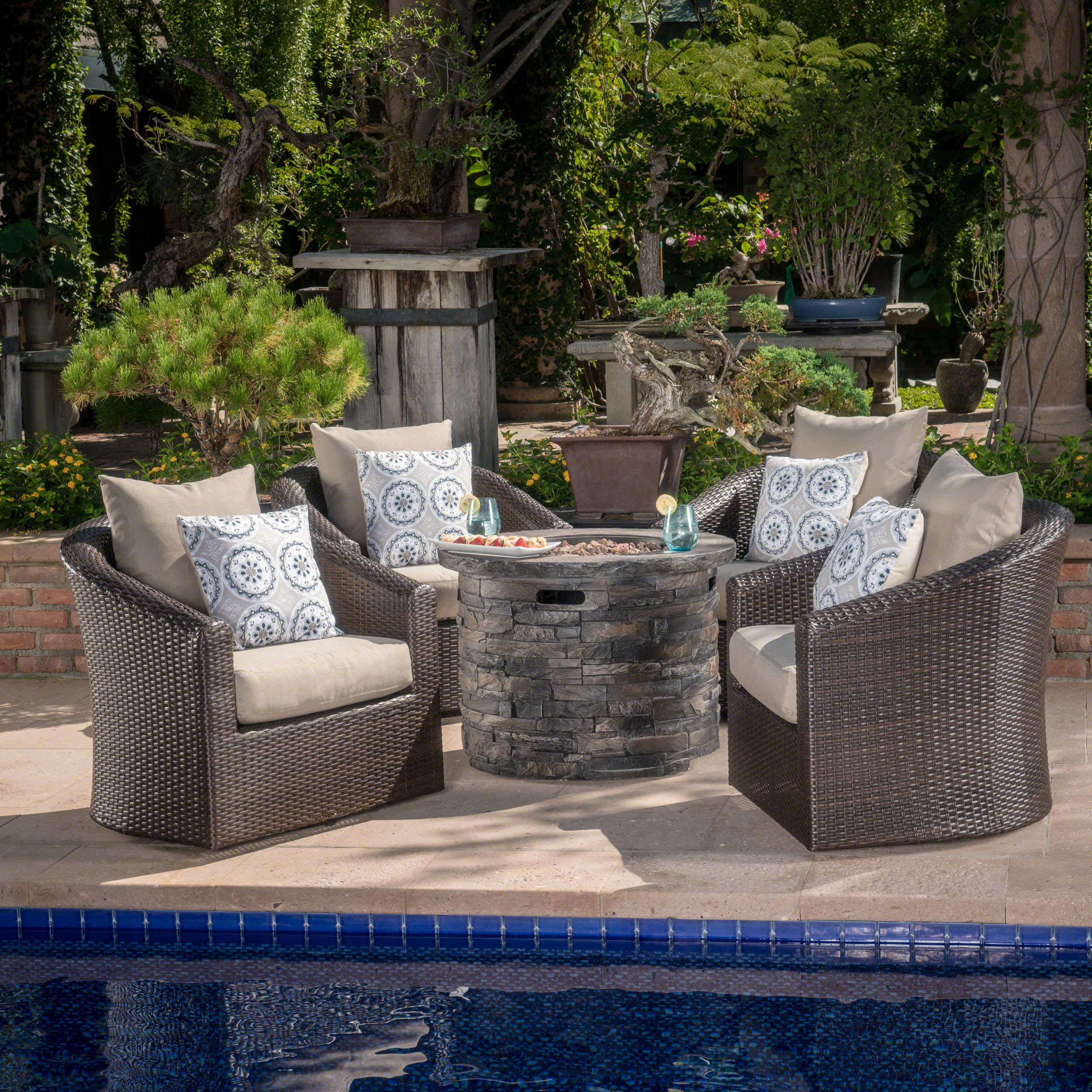 Davion Outdoor 5 Piece Wicker Swivel Club Chair Set with Fire Pit and ...