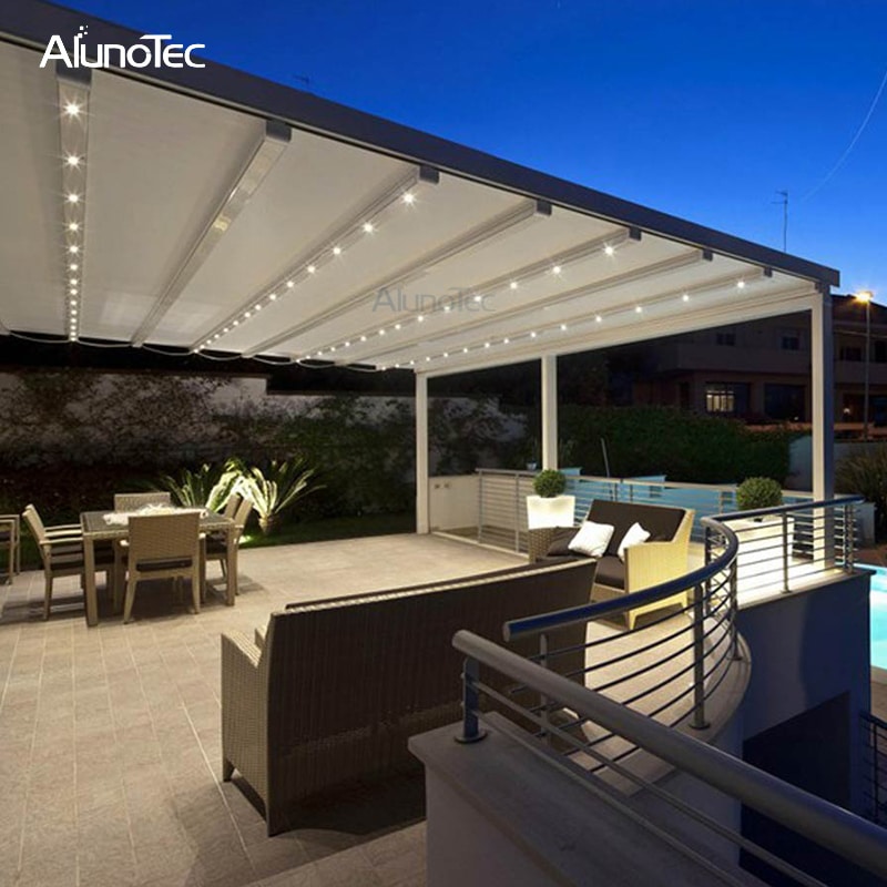 Electric Awning Aluminum Pergola PVC Retractable Roof With Led Lights ...