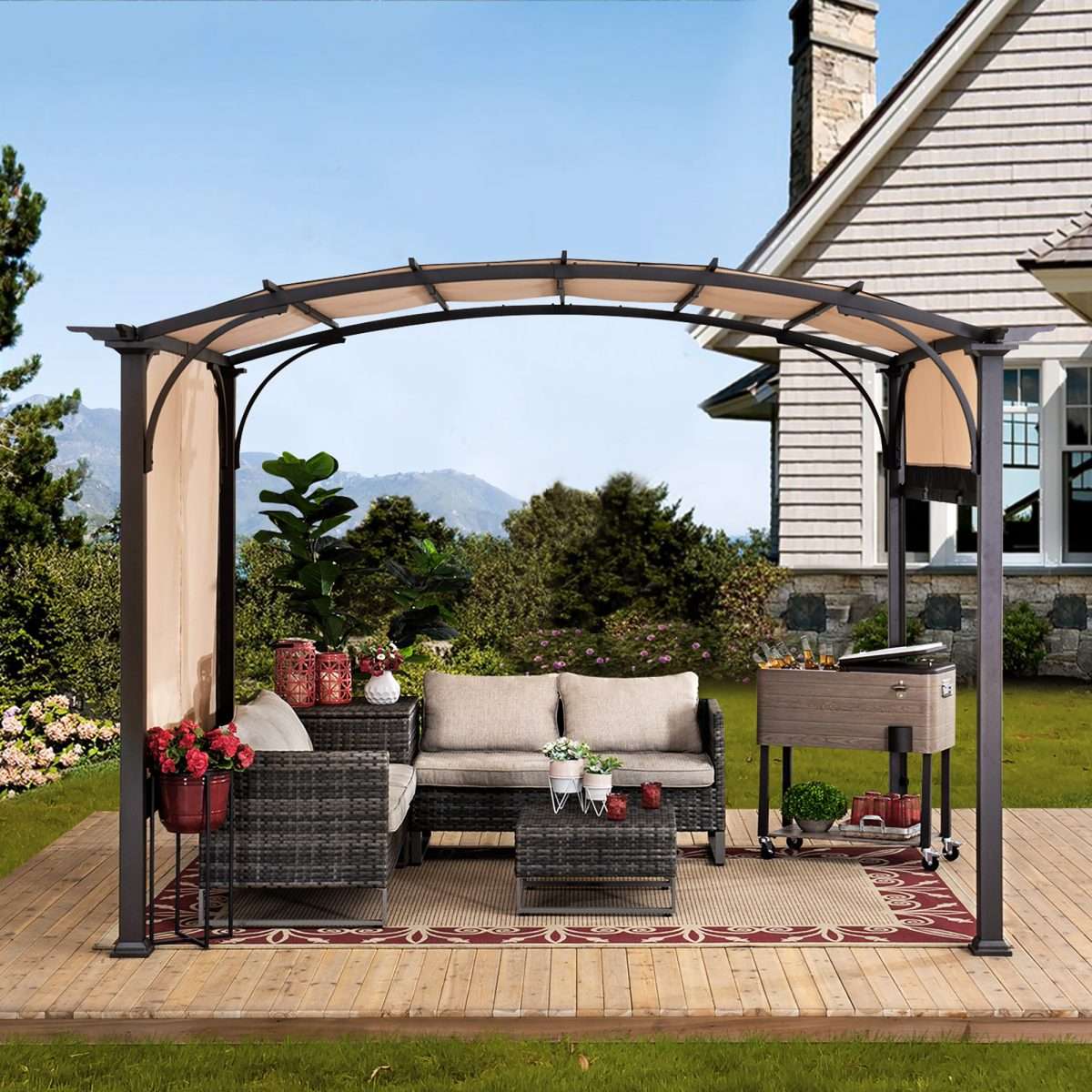 Sunjoy Corona 10 ft. x 8 ft. Brown Steel Arched Pergola with 2