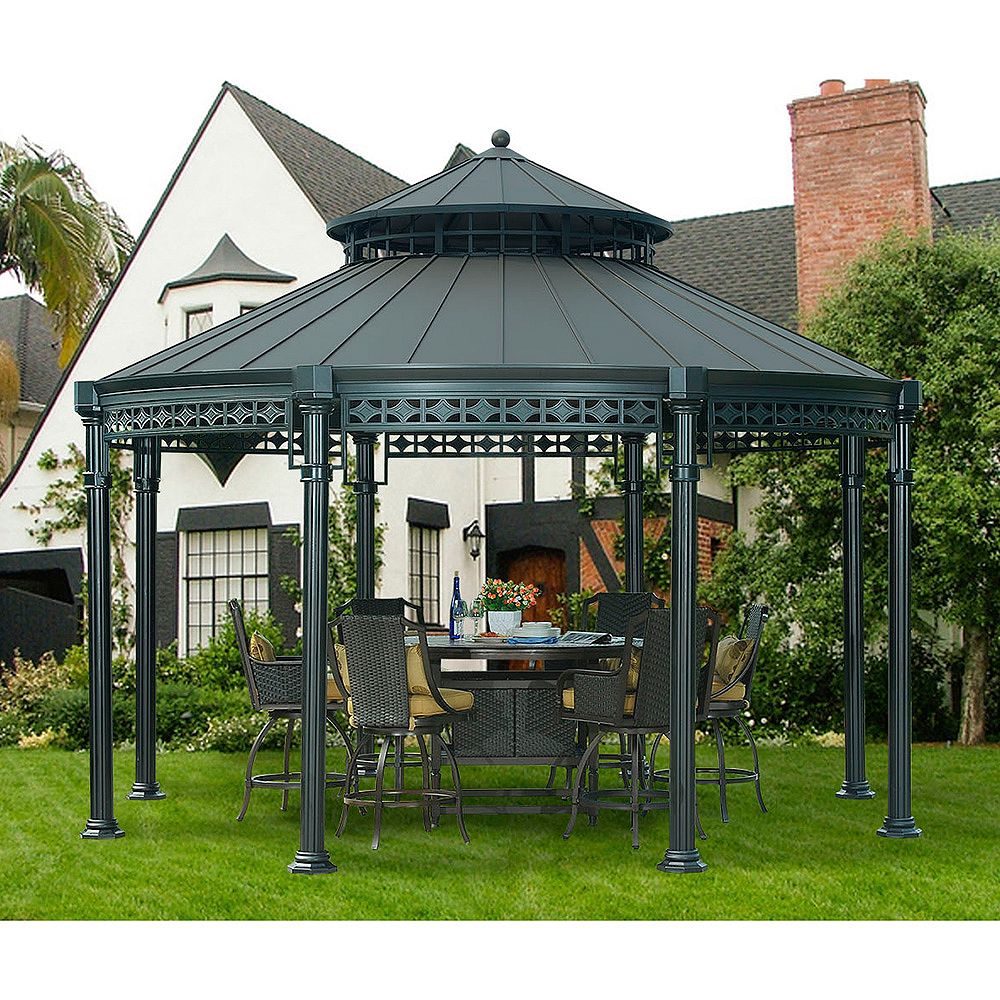 Sunjoy Ontario 14 ft. Dia Round Gazebo with Vented Canopy in Black ...