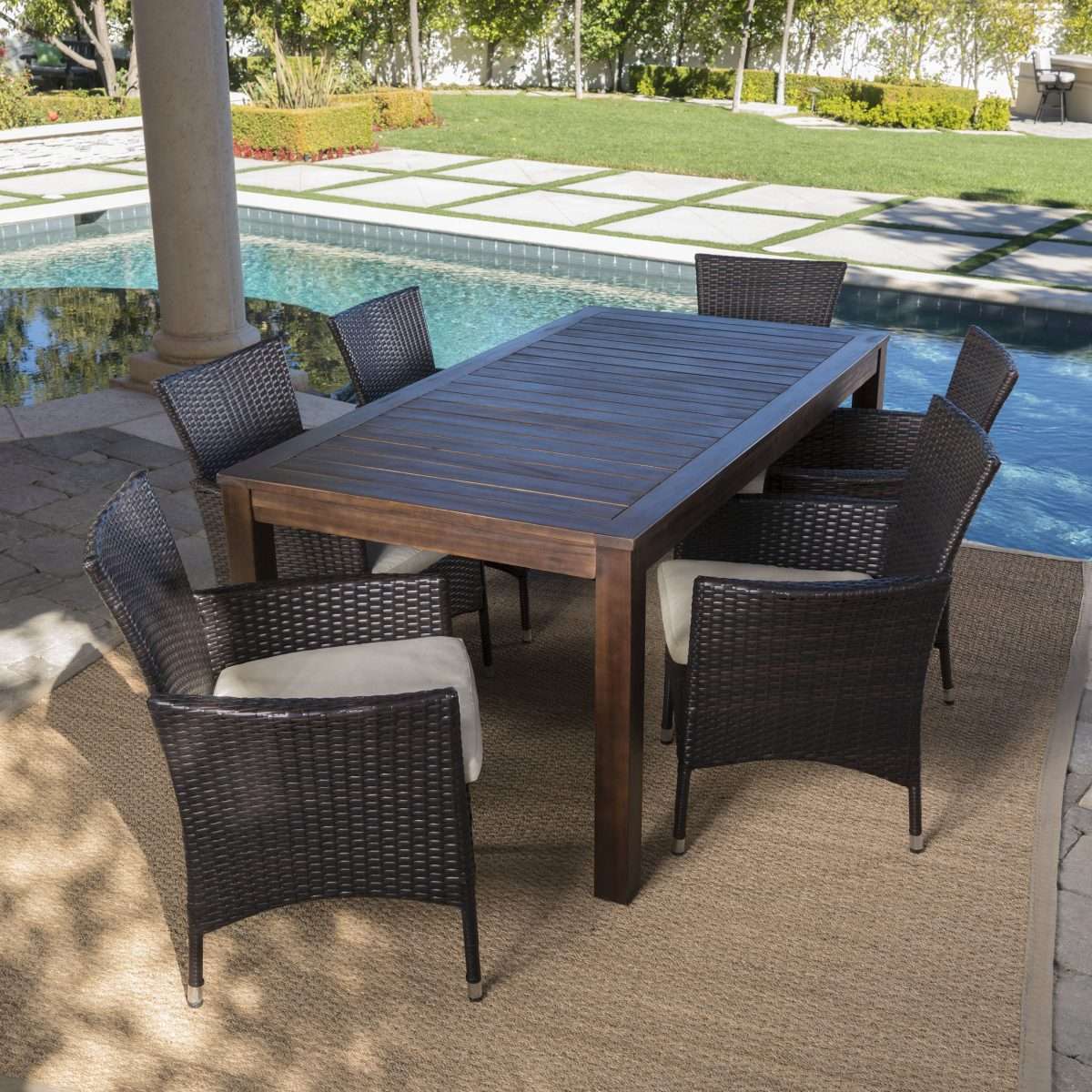 Taft Outdoor 7 Piece Dining Set with Wood Table and Wicker Chairs with ...