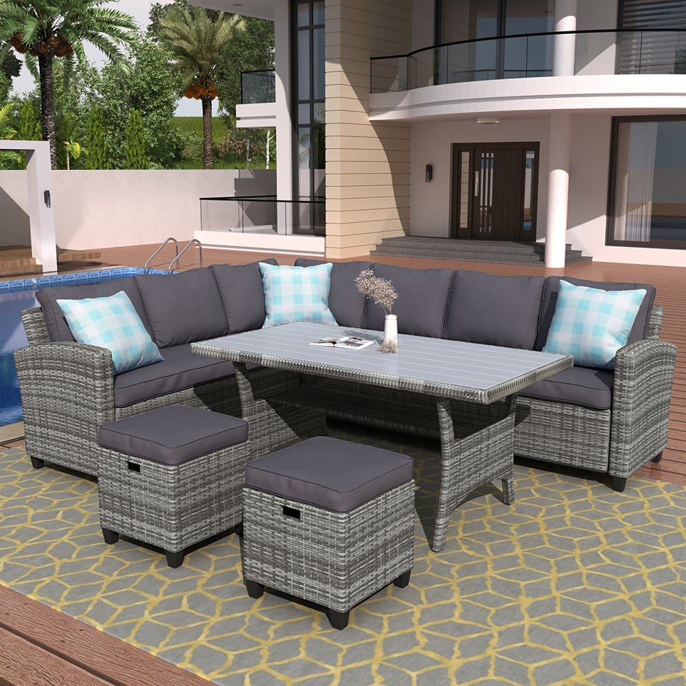 Veryke 5 Piece Patio Dining Table Sets, Outdoor Wicker Sectional ...