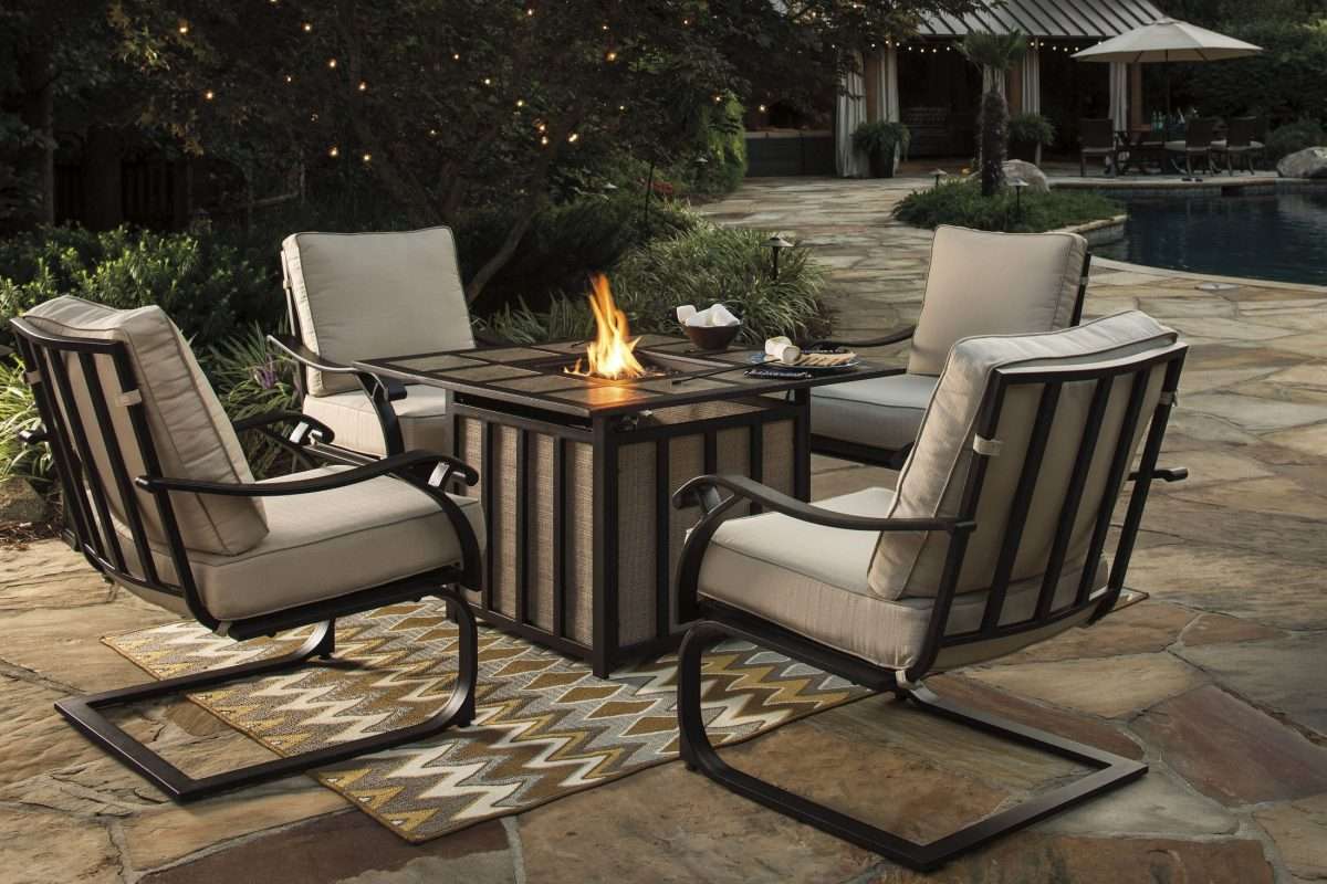 Wandon Beige and Brown Outdoor Square Fire Pit Outdoor Dining Set from ...